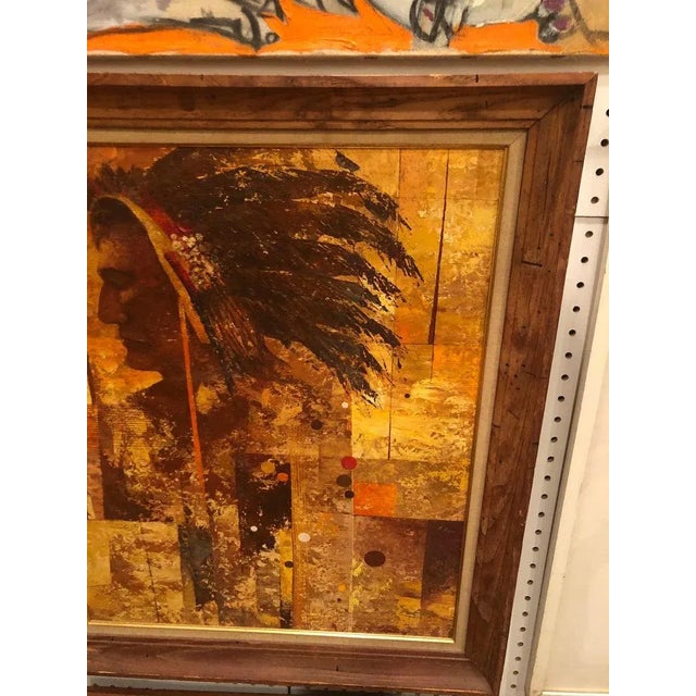 1970s Mid Century Oil on Board of an Indian Warrior For Sale - Image 4 of 13