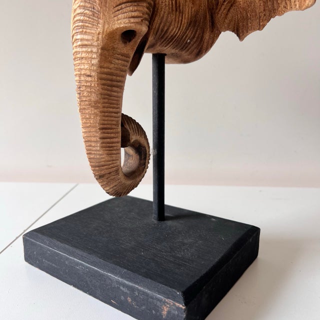Wood Vintage Carved Wood Elephant Head on a Pedestal Decorative Accent For Sale - Image 7 of 7