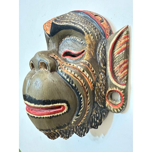 Green Vintage Balinese Hand-Carved & Painted Wood Barong Monkey Wall Mask For Sale - Image 8 of 10
