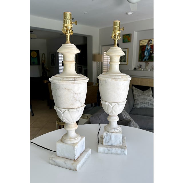 Large Pair Italian Column Neoclassical Alabaster Table Lamps For Sale In Palm Springs - Image 6 of 16