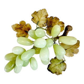 Mid-Century Boho Chic Hollywood Regency Jade Grape Cluster, Decorative Object, Tan Leaves, Gray Wire Stems For Sale