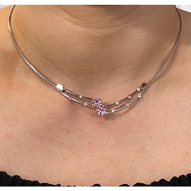 Gemstone 14 Karat White Gold Omega Necklace with Pink Sapphire and Diamonds, Italy For Sale - Image 7 of 18