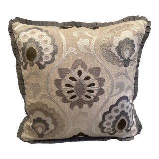 Orissa Embroidered Taupe and Charcoal Ikat Square Designer Pillow With Down Feather Insert For Sale
