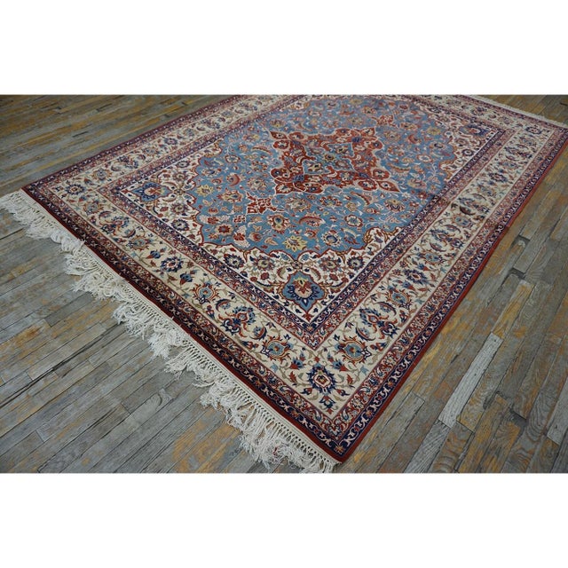 1940s Classic Blue Ground Medallion Vintage Isfahan Silk Foundation Carpet Rug For Sale - Image 9 of 9