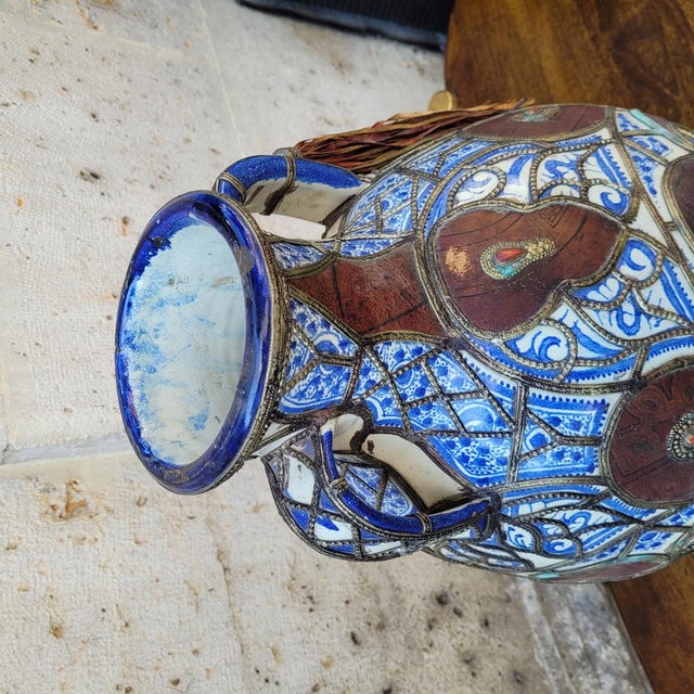 19th Century Filigree Vase in Ceramic, Leather, Enamel and Metal by Safi, Morocco For Sale - Image 12 of 18