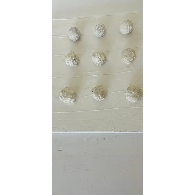 Abstract minimalist plaster wall art on canvas painting Moon cocadas by Elia. Papier mache, plaster, canvas.