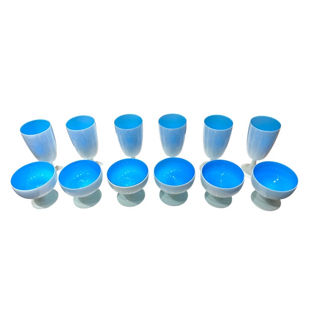 Mid-Century Modern 1960s Carlo Moretti Murano Tiffany Blue and White Cased Stemware Wine Goblets & Compotes - Set of 12 For Sale - Image 3 of 18