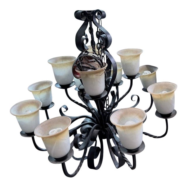 1990s Large Two-Tier Wrought Iron Chandelier – Frosted Glass Shades, 12 Lights For Sale
