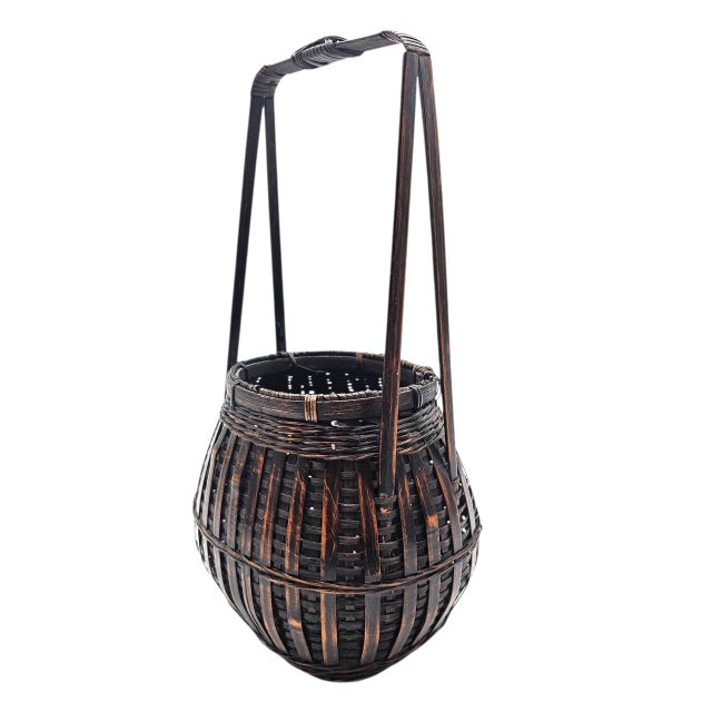 VTG Rattan Ikebana Woven Basket Style Handle Carrier Japanese Style 1980s 12" For Sale - Image 9 of 10