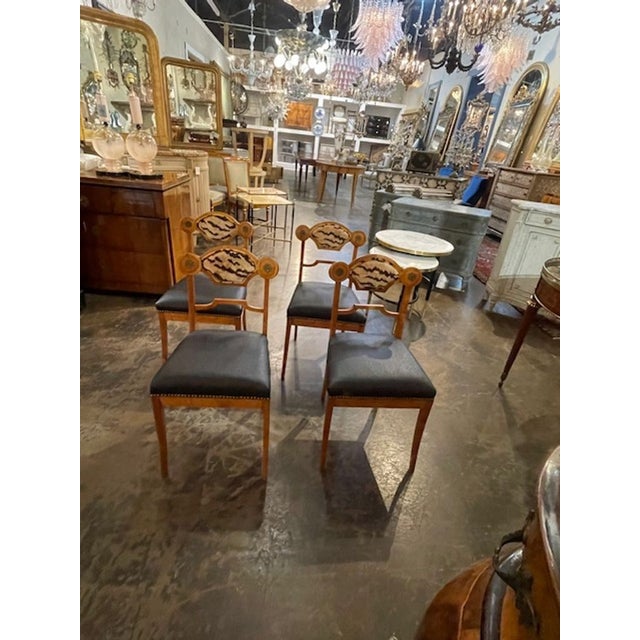 Brown Set of 4 Biedermeier Walnut Side Chairs W/ Scalamandre and Leather Upholstery. For Sale - Image 8 of 9