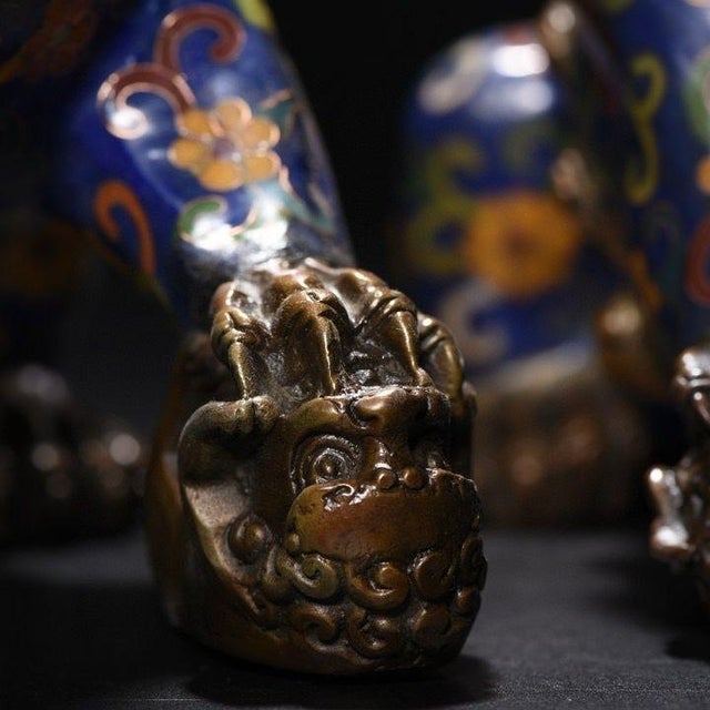 Late 20th Century Pair of Vintage Cloisonné Enamel Guardian Lions – Gilt Bronze Foo Dogs, Blue Ground For Sale - Image 5 of 9
