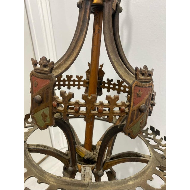 Gothic Antique Lighting 1920s Chandelier French Gothic Crest Sheild by Lincoln For Sale - Image 3 of 9