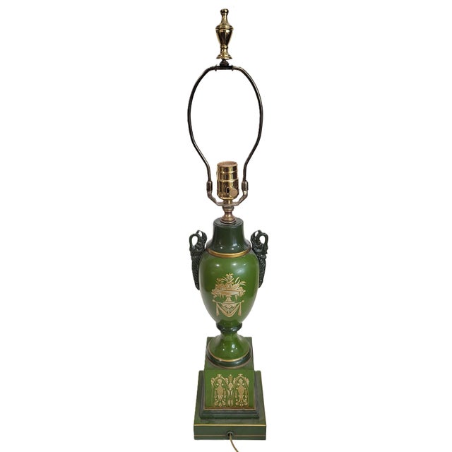 Vintage French 20th C Designer Empire Style Green & Gold Swan Urn Lamp For Sale In New York - Image 6 of 17