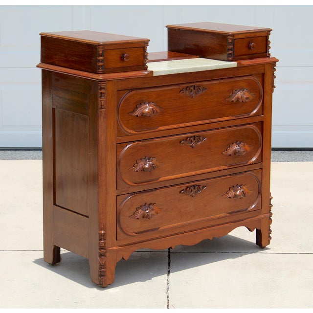 Exceptional 19th Century Renaissance Revival Walnut & Marble Drop-Center Dresser For Sale - Image 4 of 18