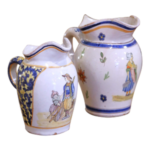 Pair of 19th Century French Quimper Faience Jugs With Breton Figures and Floral