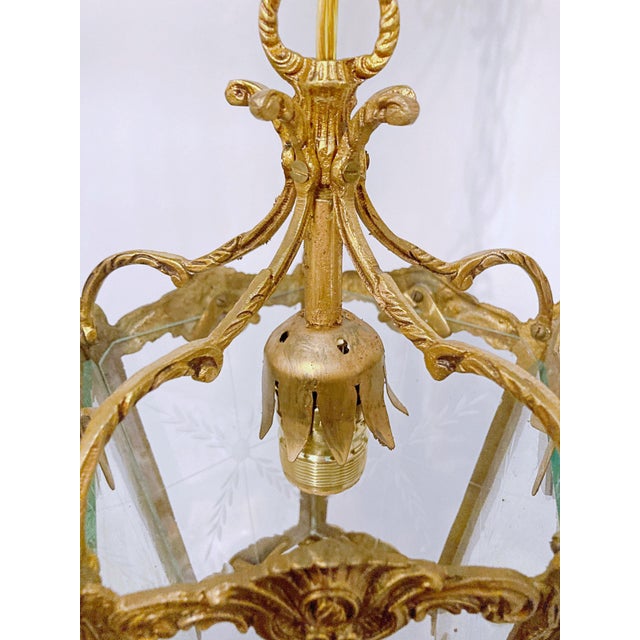 Vintage Bronze Lantern With Etched Glass Panels For Sale In New York - Image 6 of 8