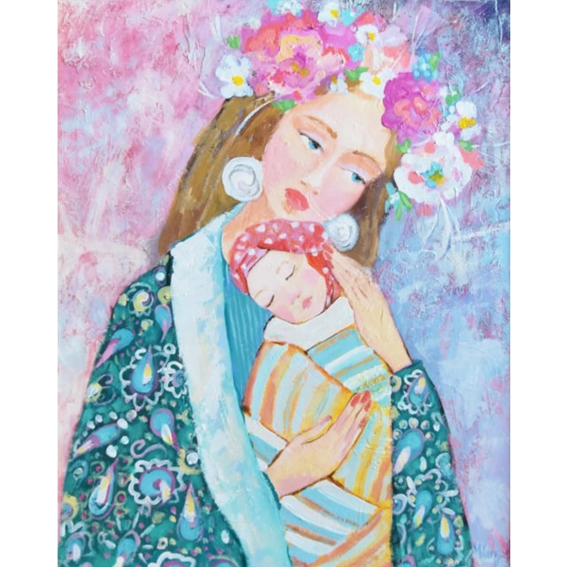 Contemporary, modern original one-of-a-kind portrait oil painting of a beautiful lady with a headdress of colorful...