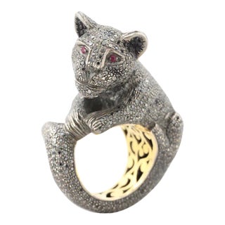 Black Diamond 14k & Sterling Silver Panther Ring With Ruby Eyes Size 7.25 For Sale