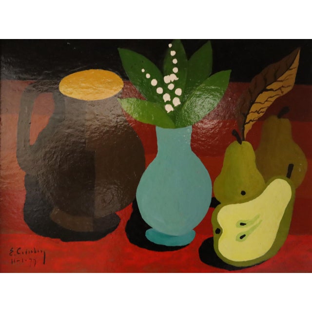BLUE VASE & PEARS Size: 14.8 x 16.7 inches (including frame) Tempera on board A charming and characterful still life...