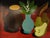 BLUE VASE & PEARS Size: 14.8 x 16.7 inches (including frame) Tempera on board A charming and characterful still life...