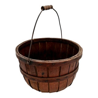 Great Antique American Hand Made Steam Bent Oak Maine Apple Farm Gathering Basket With Excellent Patina For Sale