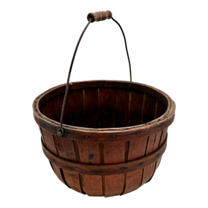 Great Antique American Hand Made Steam Bent Oak Maine Apple Farm Gathering Basket With Excellent Patina