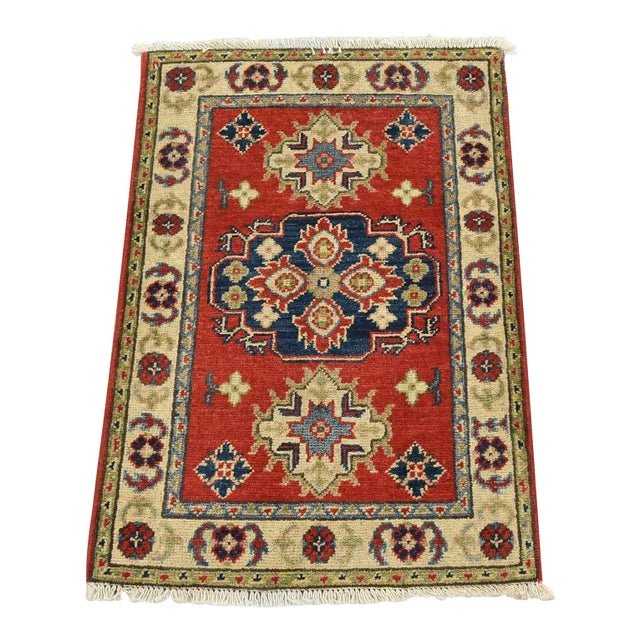 Kazak Rug 2’1” X 2’11” Red Wool Tribal Hand-Knotted Oriental Carpet For Sale
