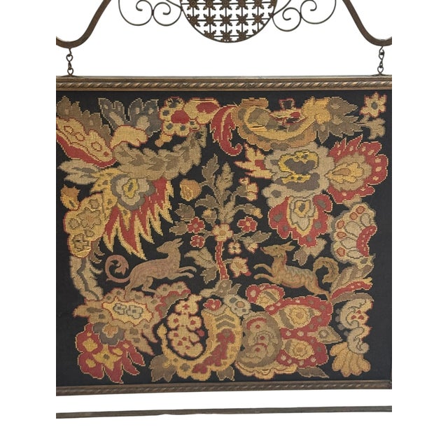 French Antique Wrought Iron Needlepoint Fireplace Screen For Sale - Image 3 of 4