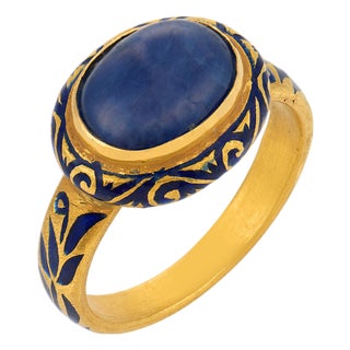 Vintage 4.70 Carat Sapphire 22k Yellow Gold Enamel Ring, Size 7 For Sale