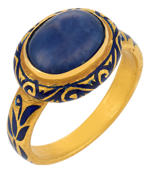 Vintage 4.70 Carat Sapphire 22k Yellow Gold Enamel Ring, Size 7