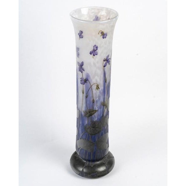 DAUM NANCY Large cylindrical vase with a flared neck and circular pedestal, made of double-walled glass with acid-etched...