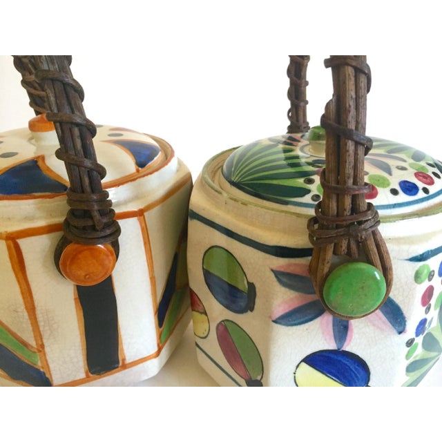 Vintage 1930's Art Deco Japan Hand Painted Porcelain Handled Ceramic Biscuit Barrel Jars - Set of 2 For Sale In Kansas City - Image 6 of 13