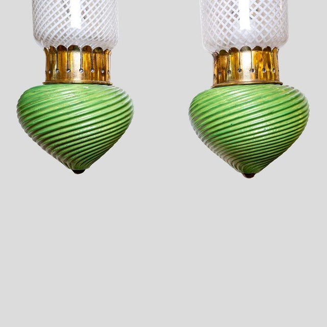 Murano Clear White and Green Glass on Brass Wall Lights, 1930s, Set of 2 For Sale - Image 11 of 12