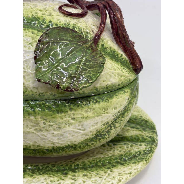 Vintage Italian Majolica Green Stipe Melon Tureen Tablescape Decor For Sale - Image 11 of 12