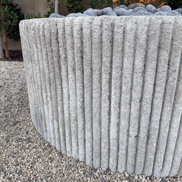 Custom Limestone Texture Fire Pit With Fluted Edges With Fire Pebbles For Sale - Image 14 of 15