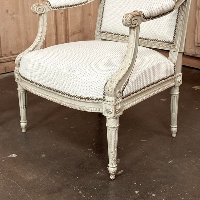 Pair of French 19th Century Louis XVI Painted Armchairs ~ Fauteuils For Sale - Image 16 of 17