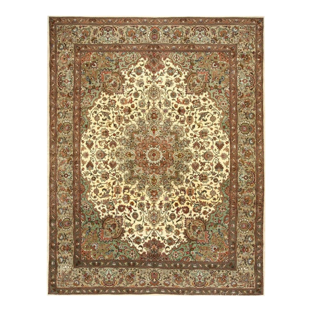 1940s Ivory Medallion Antique Persian Tabriz Rug 7' 5" X 10' 5" Handknotted Wool Carpet For Sale