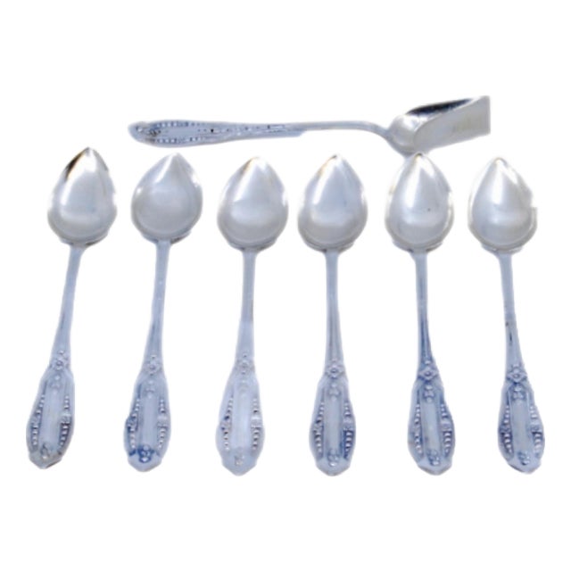 Silver Coffee Spoons and Sugar Shovel with Raised Handles, Set of 6 For Sale