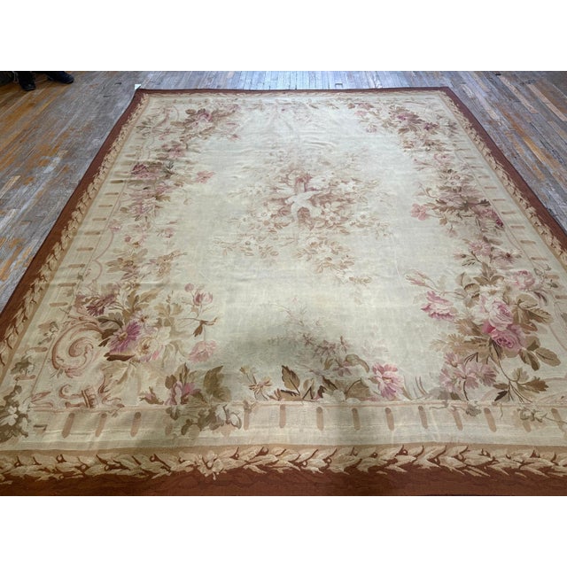 French 1850s Ivory Ground Floral Medallion Antique French Aubusson Flatweave Wool Rug For Sale - Image 3 of 8