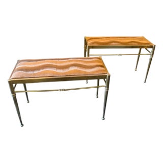 Two 1950s Mid-Century Modern Brass and Brown Velvet Rectangular Italian Stools For Sale