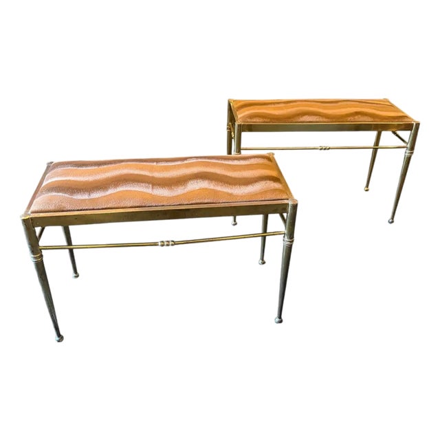 Two 1950s Mid-Century Modern Brass and Brown Velvet Rectangular Italian Stools For Sale