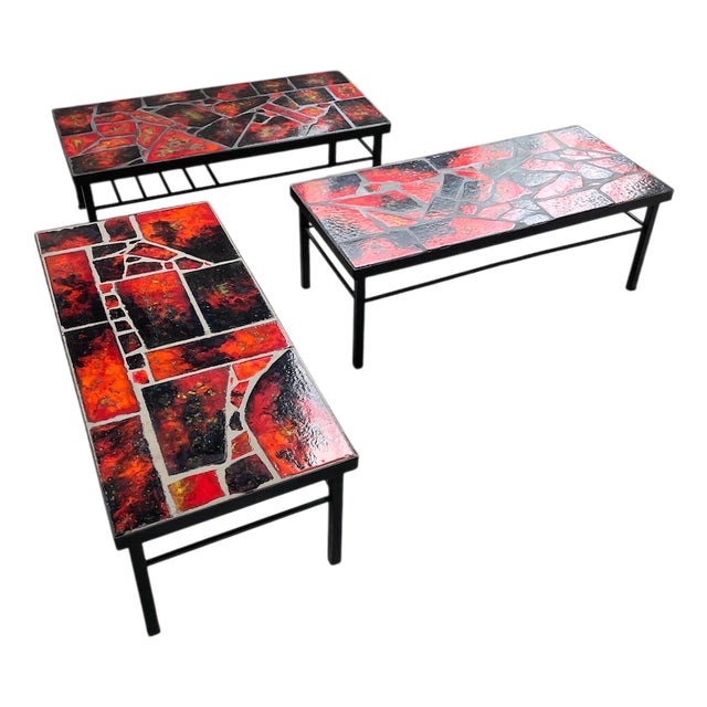 Modern Lava Stone Ceramic Coffee Tables from Vallauris, 1950s, Set of 3 For Sale