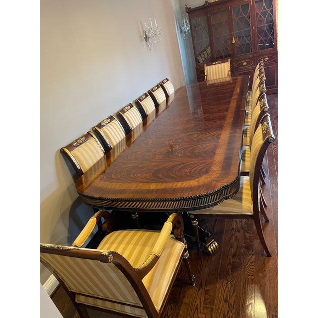 Burnt Umber 1990s Ej Victor Regency Mahogany Chippendale Dining Room Table and Set of 14 Chairs With by Gold Leaf Accents For Sale - Image 8 of 18
