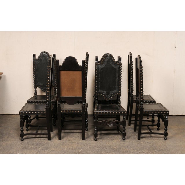 Mid 20th Century Set of 8 Spanish Leather & Carved Wood Chairs With Nailhead Trim For Sale - Image 4 of 12