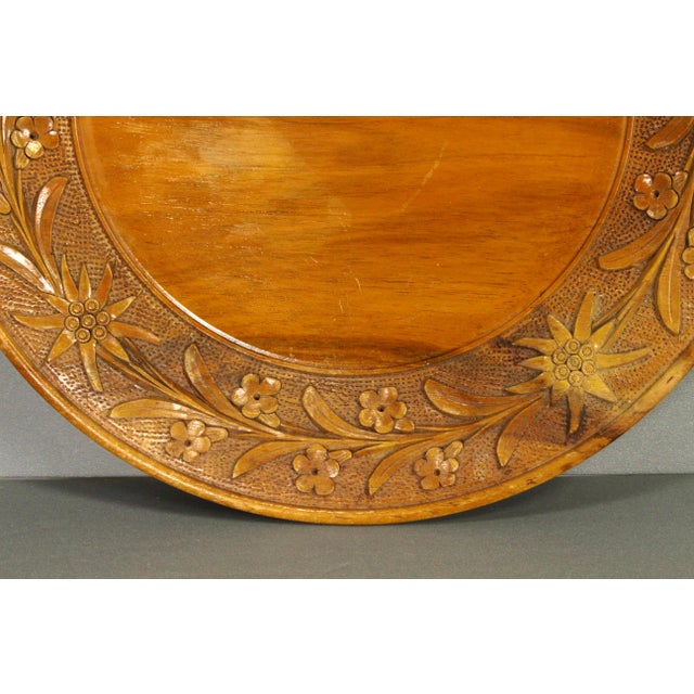 Rustic European Early 20th C. Black Forest Style Carved Wooden Plate W Edelweiss 10.5" For Sale - Image 3 of 13