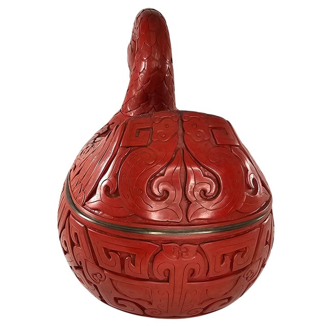 Vintage Red Cinnabar Duck Goose Swan Figure Lidded Box Lacquered • Intricate Carvings • Detachable Lid • Rich Red Hue •...