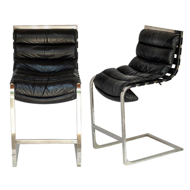 Industrial Pr. Of Vintage Rh Black Leather & Chrome Bar Stools For Sale - Image 3 of 18