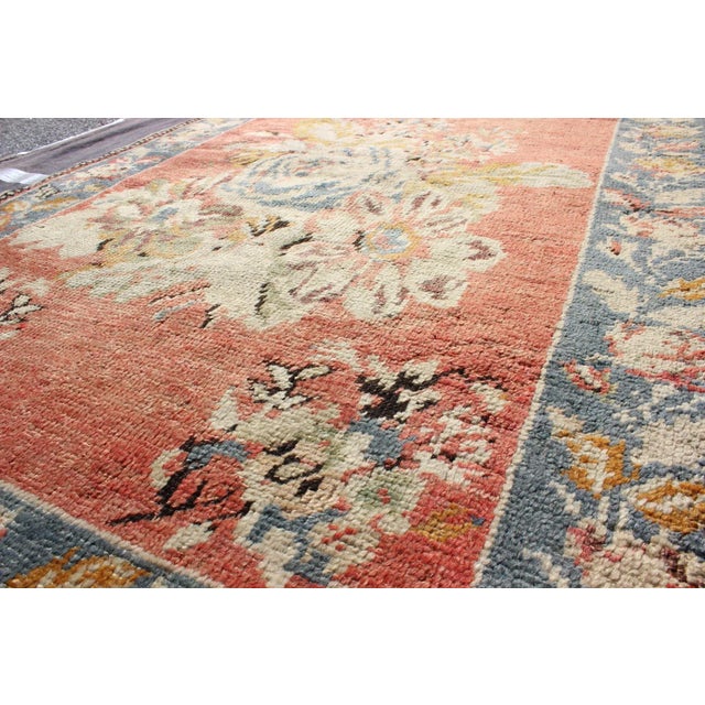 Mid 20th Century Vintage Turkish Oushak Carpet With Bouquets of Colorful Flowers in Red and Teal 3'9"x5'5" For Sale - Image 5 of 6