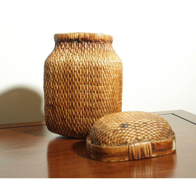 Vintage Chinese Willow Woven Fisherman Basket Asian Storage Container For Sale - Image 9 of 11