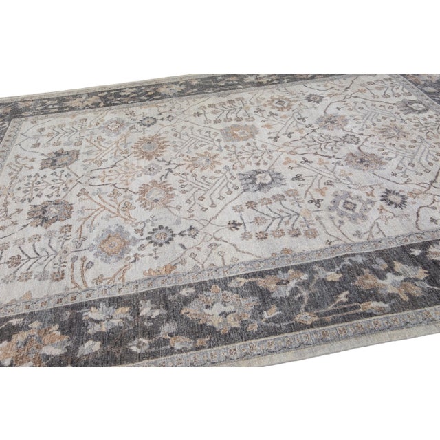Modern Gray Apadana's Artisan Collection Handmade Floral Wool Rug For Sale - Image 3 of 11